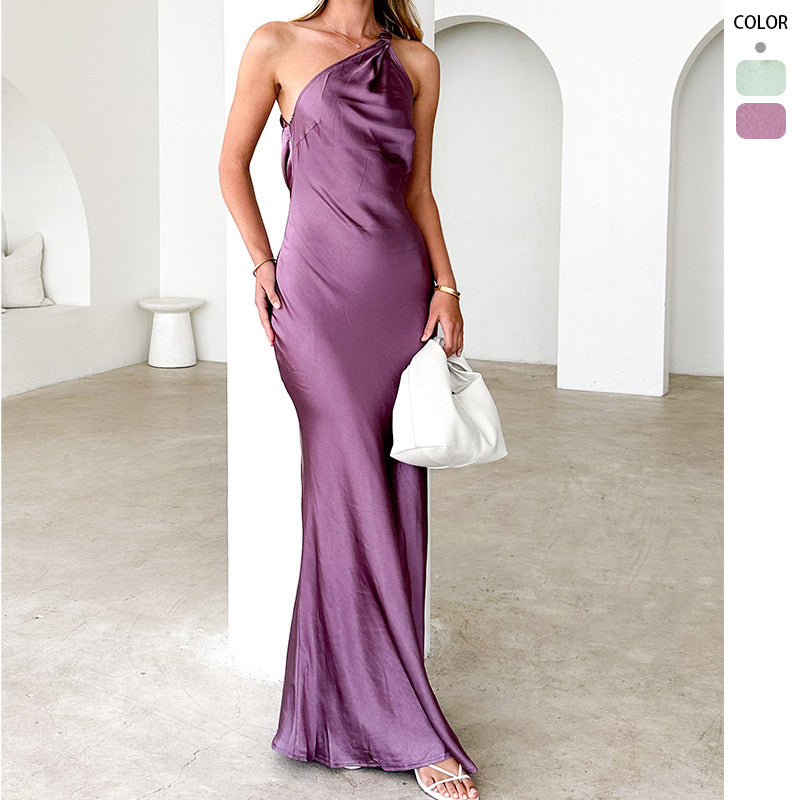 Damen Maxikleid Asymmetrischer Träger Fließender Schnitt Schwarz - Eveloria