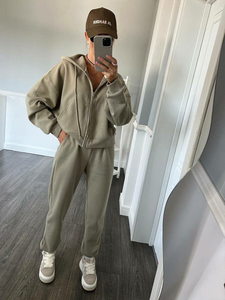 Damen Fleece-Jogginganzug mit Kapuze und Reißverschluss