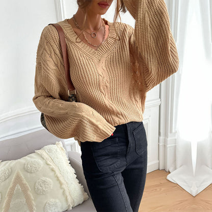 Damen Strickpullover V-Ausschnitt Rautenmuster Eveloria