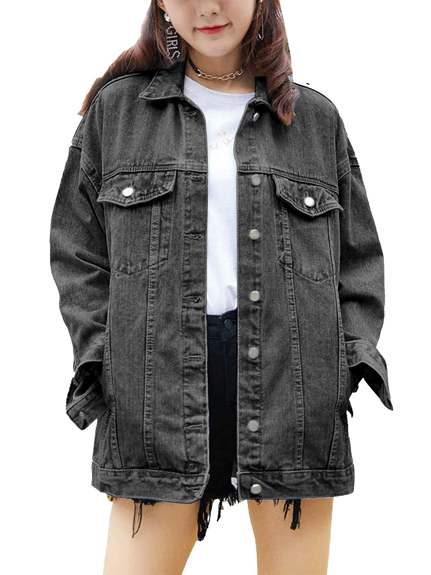 Eveloria Damen Oversized Denimjacke Dekorativen Druckknöpfen