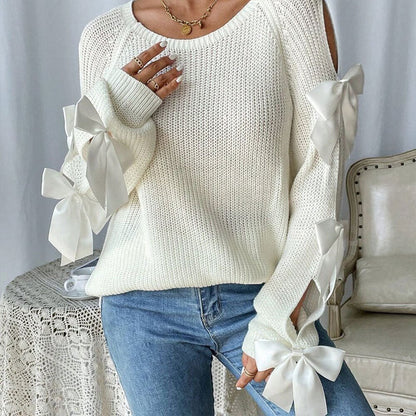 Damen Strickpullover Offene Ärmel Dekorative Schleifen Details