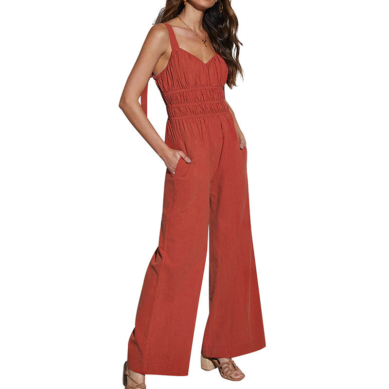 Damen Jumpsuit Weites Bein Gesmoktes Oberteil Eveloria