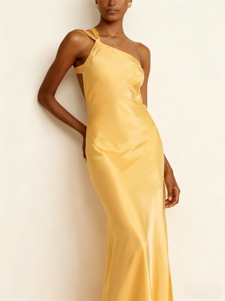Damen Maxikleid Asymmetrisches Halterdesign Satin Schimmernd