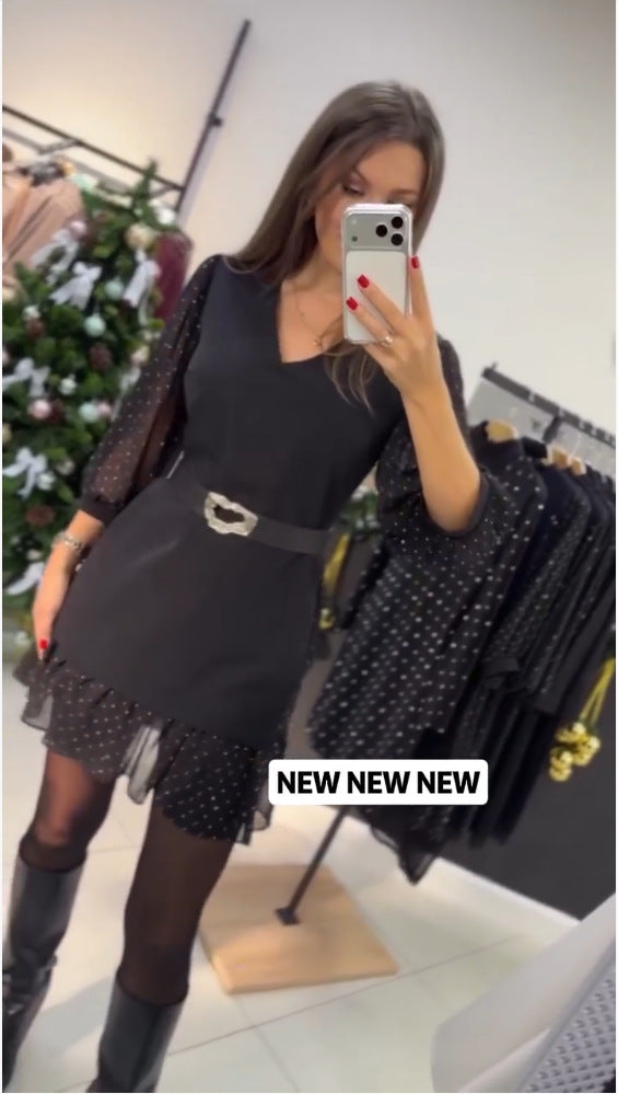 Damen Kleid mit Puffärmeln und Gürtel Eveloria