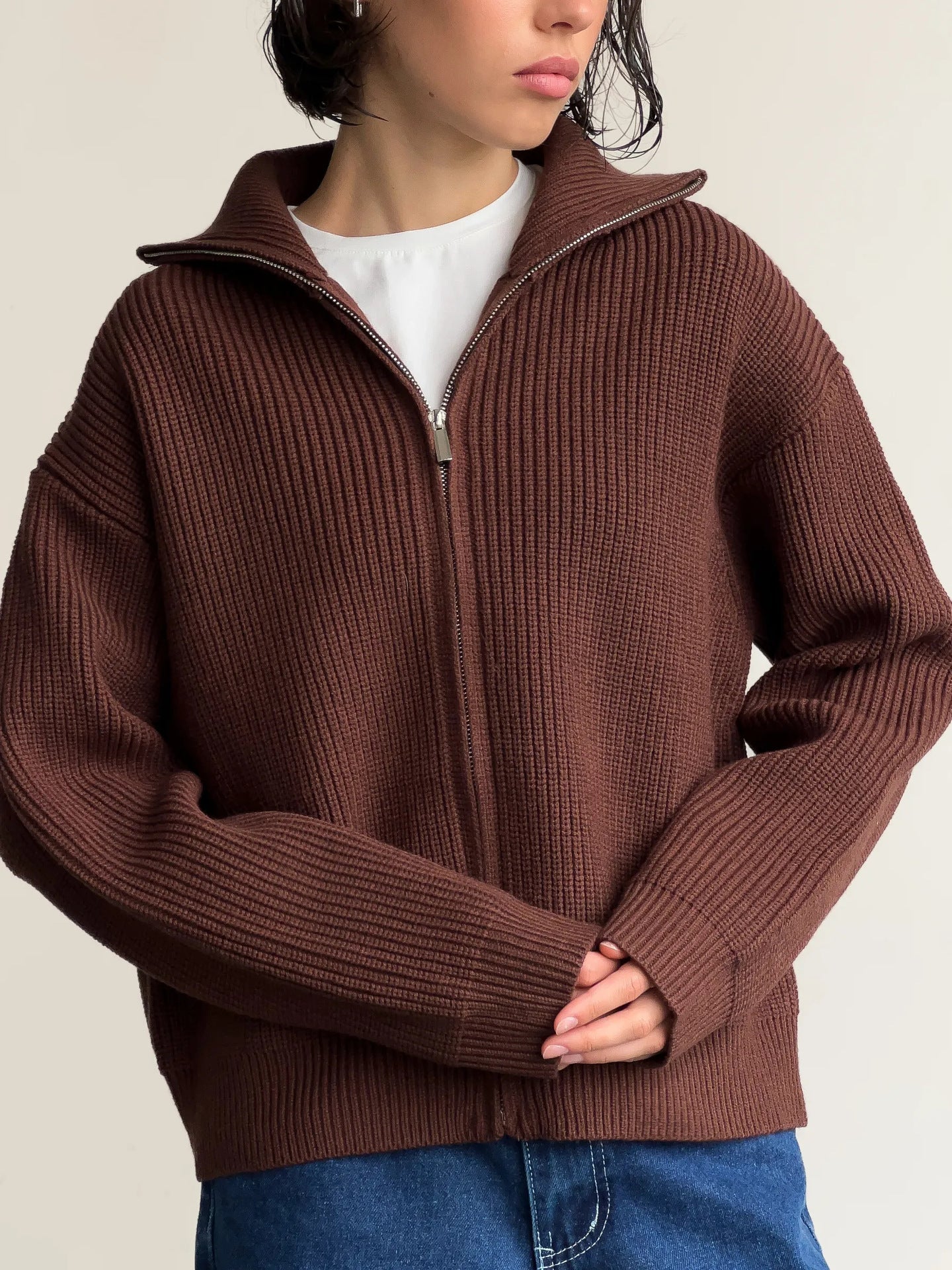 Damen Grobstrickpullover Hochkragen Reißverschluss Beige