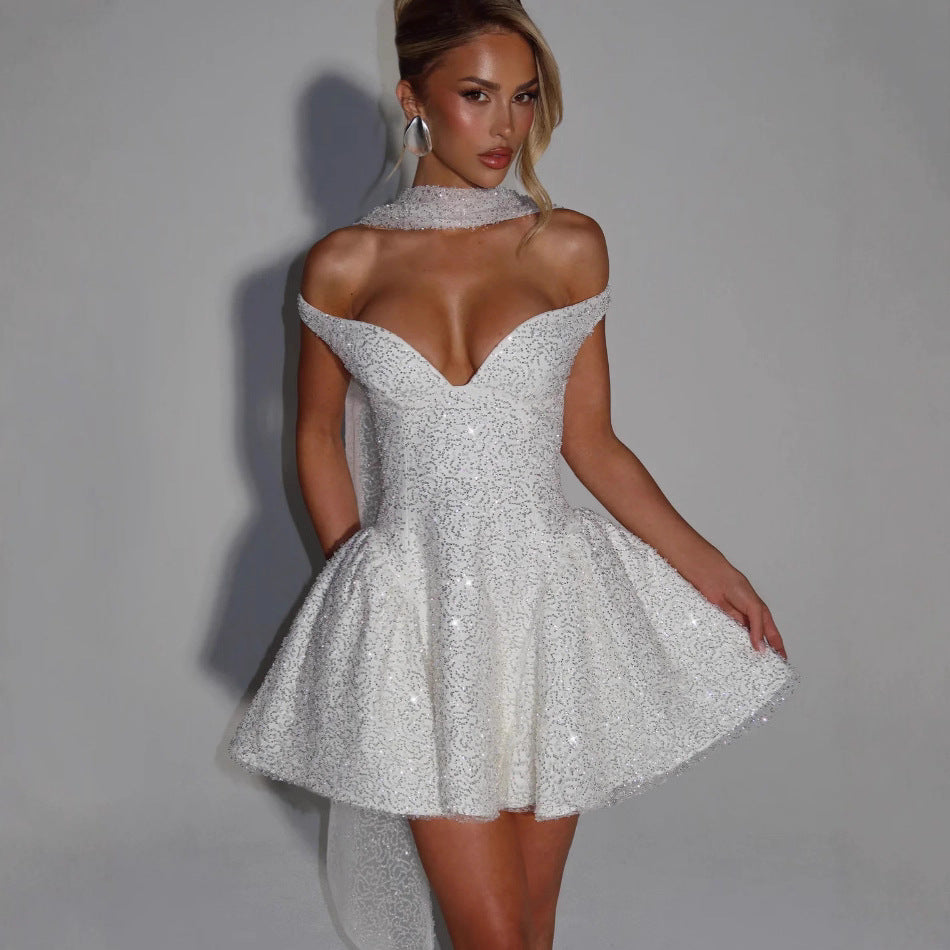 Damen Cocktailkleid Schulterfrei Paillettenbesatz