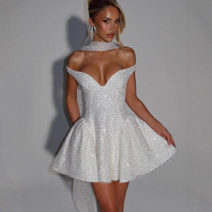 Damen Cocktailkleid Schulterfrei Paillettenbesatz