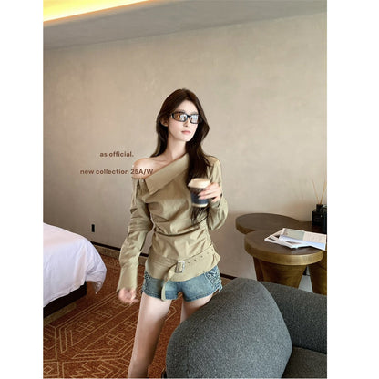 Damen Off-Shoulder Bluse Elegante Drapierung