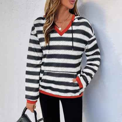 Damen Pullover Baumwolle Gestreift V-Ausschnitt Blau
