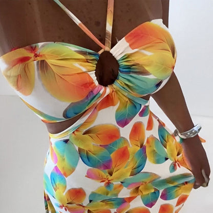 Damen Sommerkleid Floralmuster Cut-Out Ausschnitt