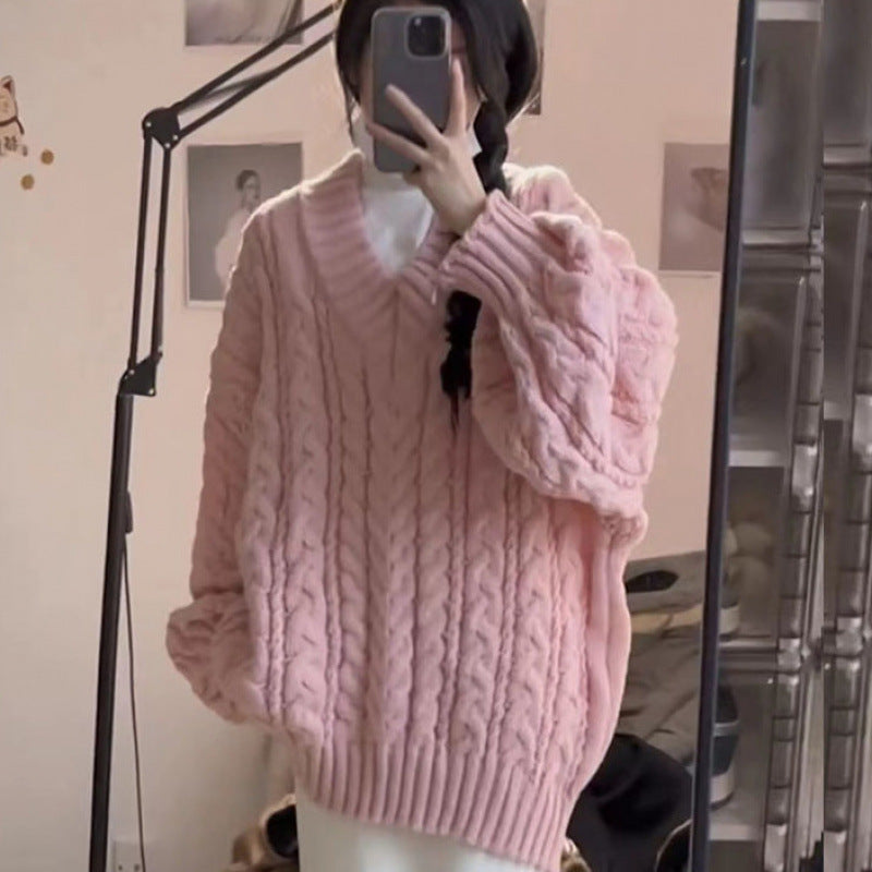 Damen Grobstrickpullover V-Ausschnitt Voluminöse Ärmel Eveloria