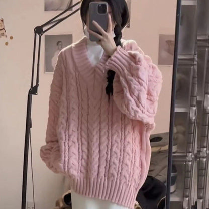 Damen Grobstrickpullover V-Ausschnitt Voluminöse Ärmel Eveloria
