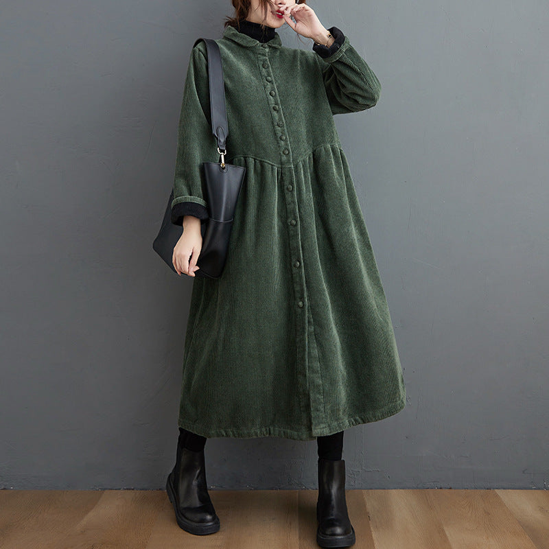 Damen Corduroy Mantel A-Linie Midi-Länge mit Knopfverschluss Braun - Eveloria