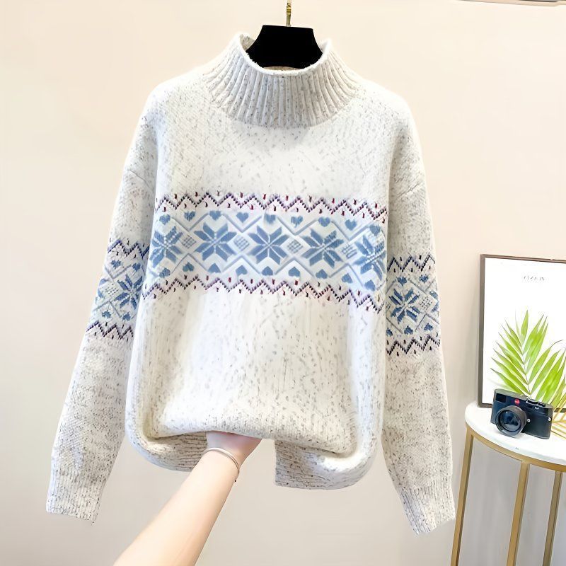 Damen Rollkragenpullover Nordisches Muster Kuschelig Grau Eveloria