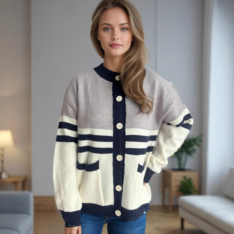 Damen Strickjacke Streifenmuster Große Knöpfe