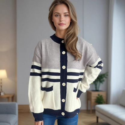 Damen Strickjacke Streifenmuster Große Knöpfe