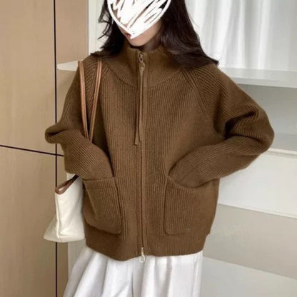 Damen Strickjacke Hochkragen Mit Taschen Eveloria