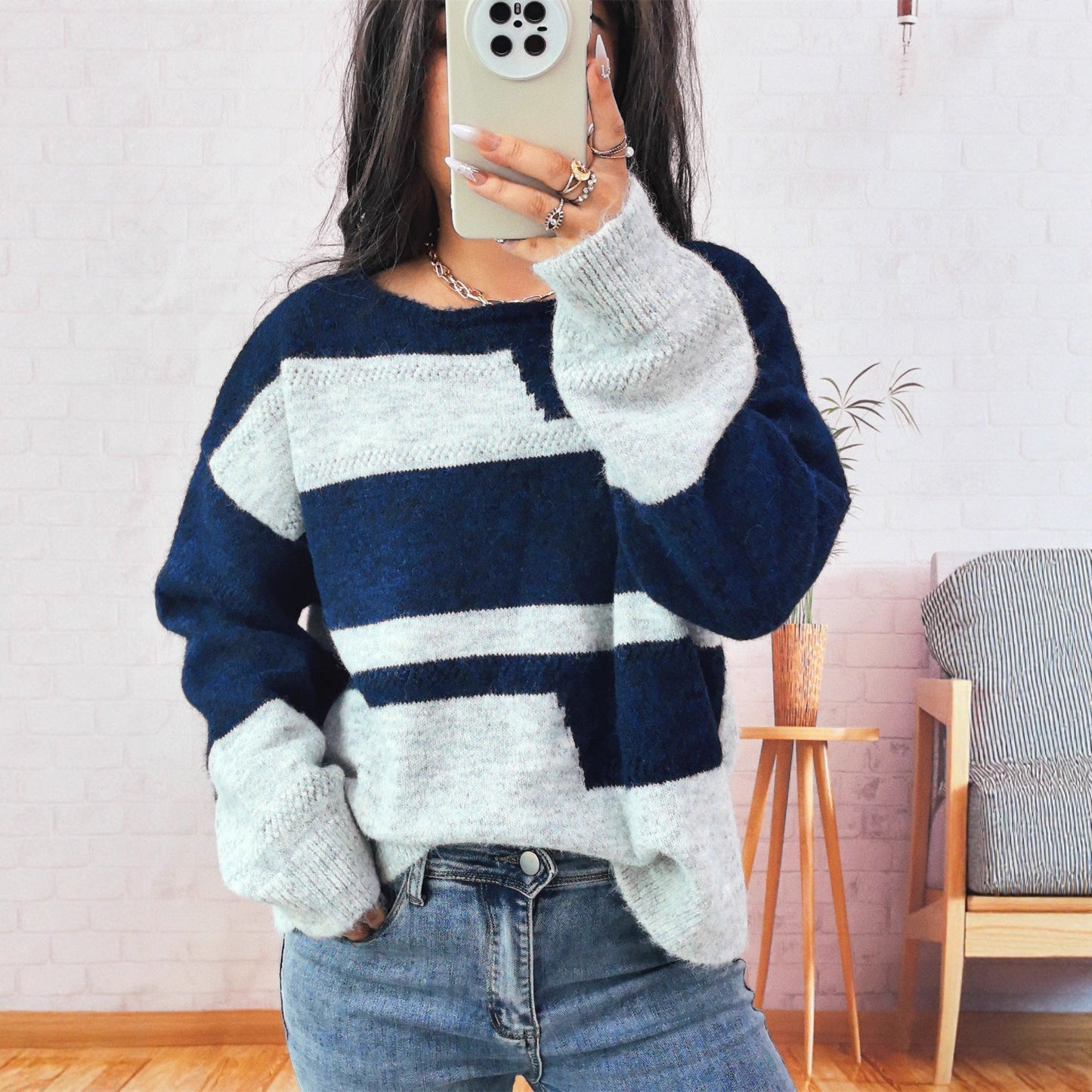 Damen Strickpullover Blockstreifen Modern Eveloria