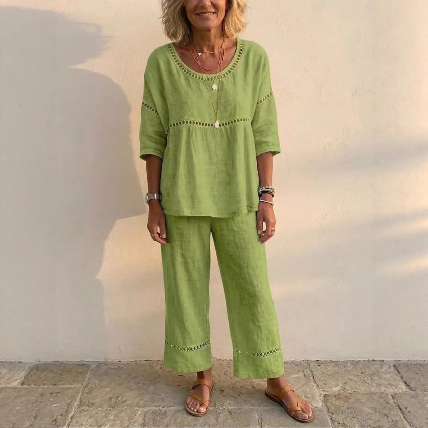 Damen Loungewear-Anzug Leinen Luftig Spitze Beige