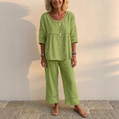 Damen Loungewear-Anzug Leinen Luftig Spitze Beige