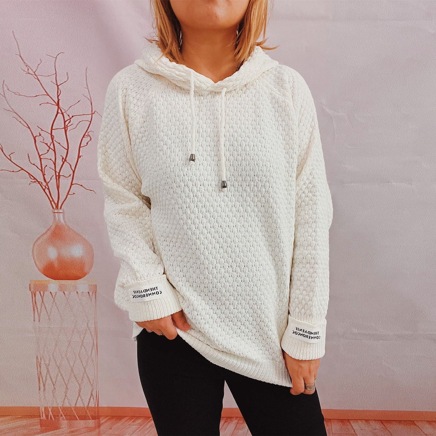 Damen Hoodie Strukturiertes Gewebe Mit Kordelzug Beige
