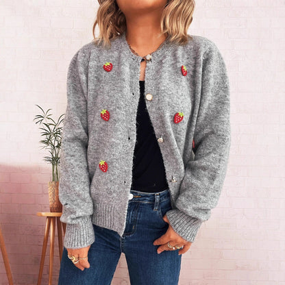 Damen Strickjacke Erdbeerdesign Rosa - Eveloria