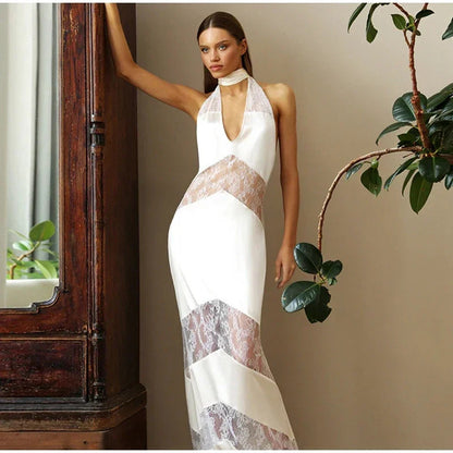 Damen Maxikleid Spitzenbesatz Elegant