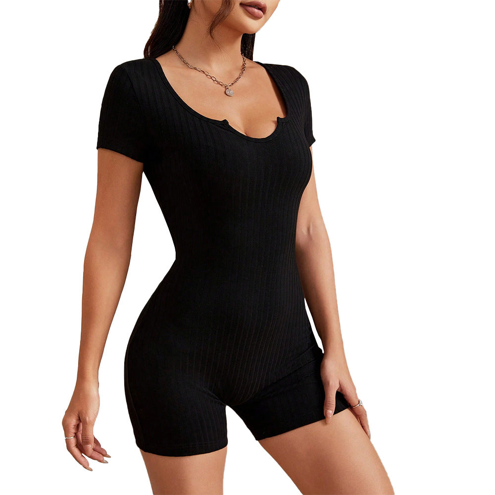 Damen Kurzoverall V-Ausschnitt Rippstruktur