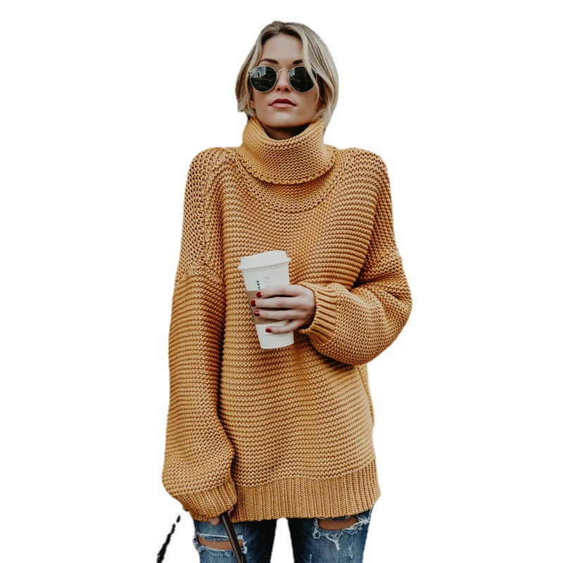 Eveloria Damen Grobstrickpullover Hochkragen Lässig