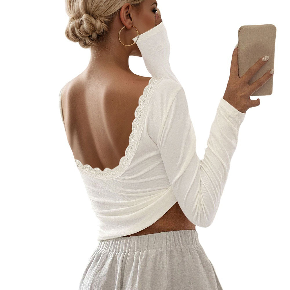 Damen Langarmshirt mit tiefem Rückenausschnitt und Spitzenverzierung