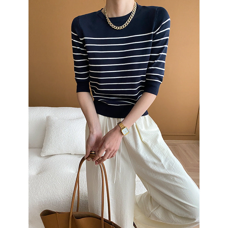 Damen Pullover Gestreift Rundhalsausschnitt Slimfit