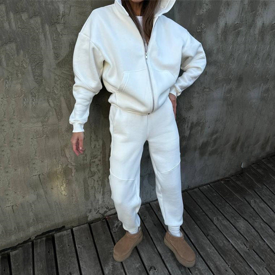 Damen Fleece-Jogginganzug Hochkragen Reißverschluss Grau