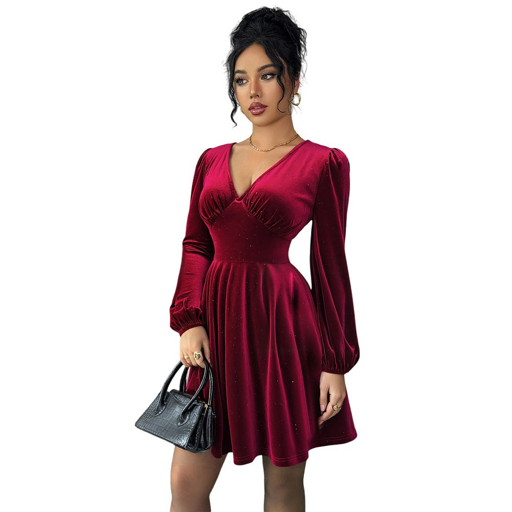 Damen Kurzarmkleid mit Puffärmeln V-Ausschnitt
