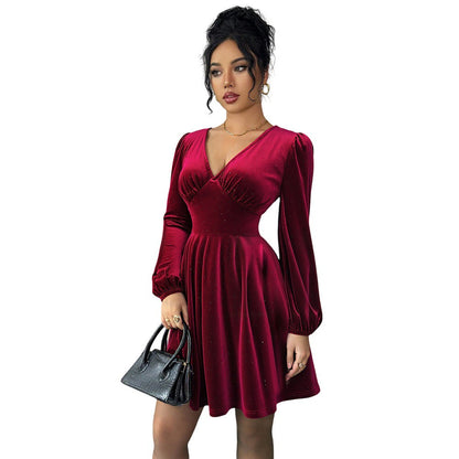 Damen Kurzarmkleid mit Puffärmeln V-Ausschnitt