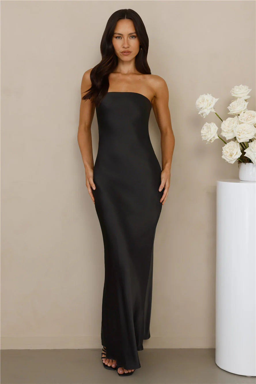 Damen Schulterfreies Maxikleid Satinoptik Elegant Eveloria