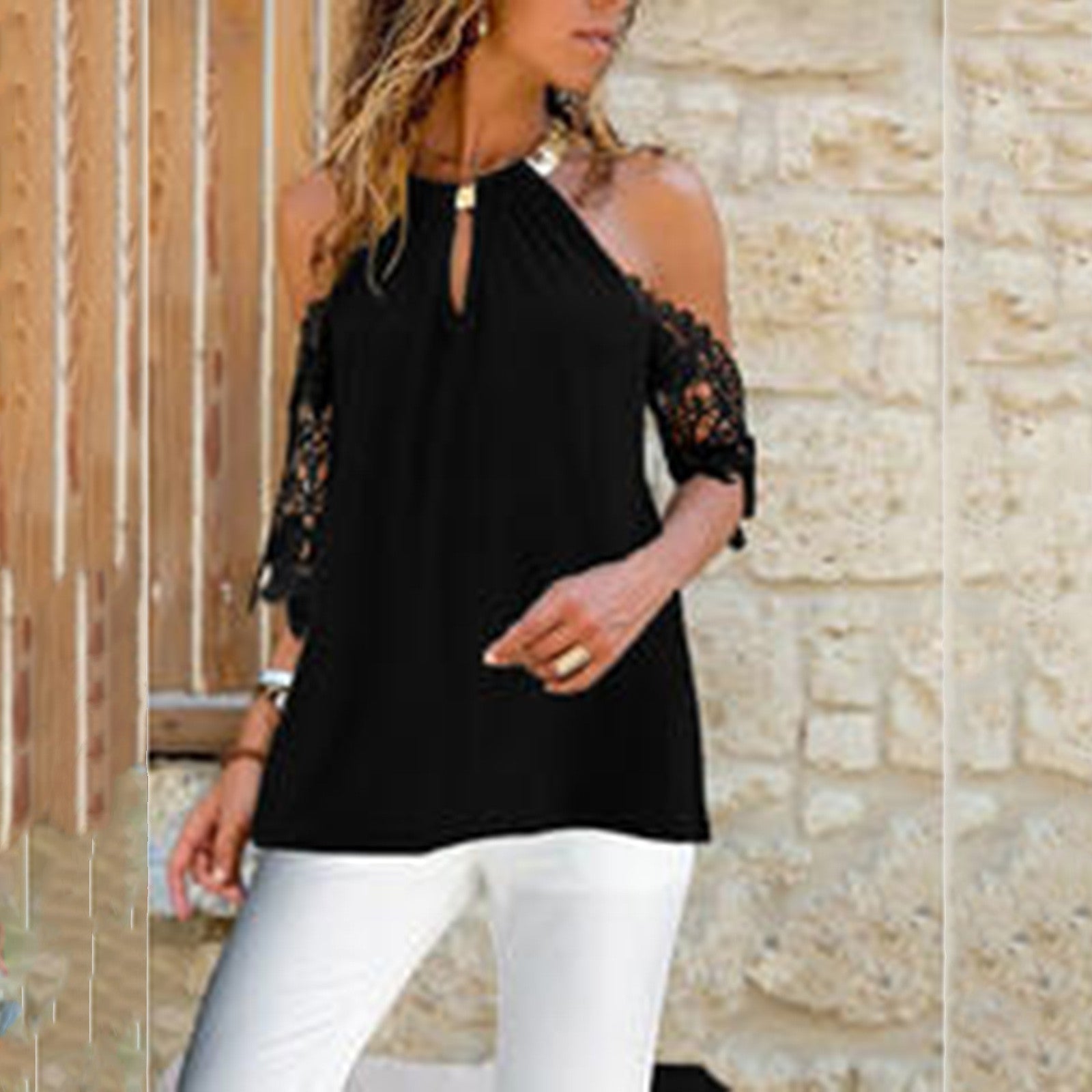 Damen Bluse Spitzenverzierung Cut-Outs Elegantes Design - Eveloria