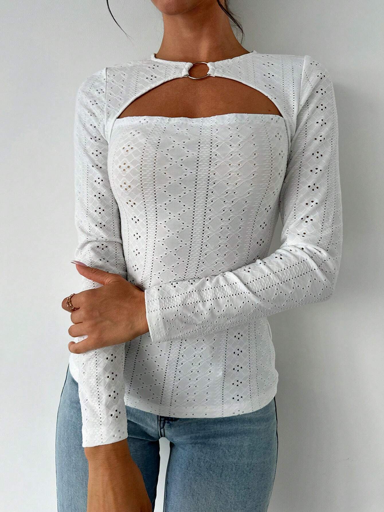 Damen Langarmshirt Baumwolle Dekorativ Cut-Out-Details Weiss