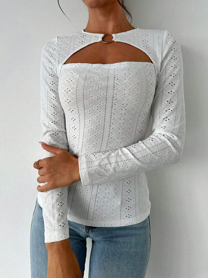 Damen Langarmshirt Baumwolle Dekorativ Cut-Out-Details Weiss