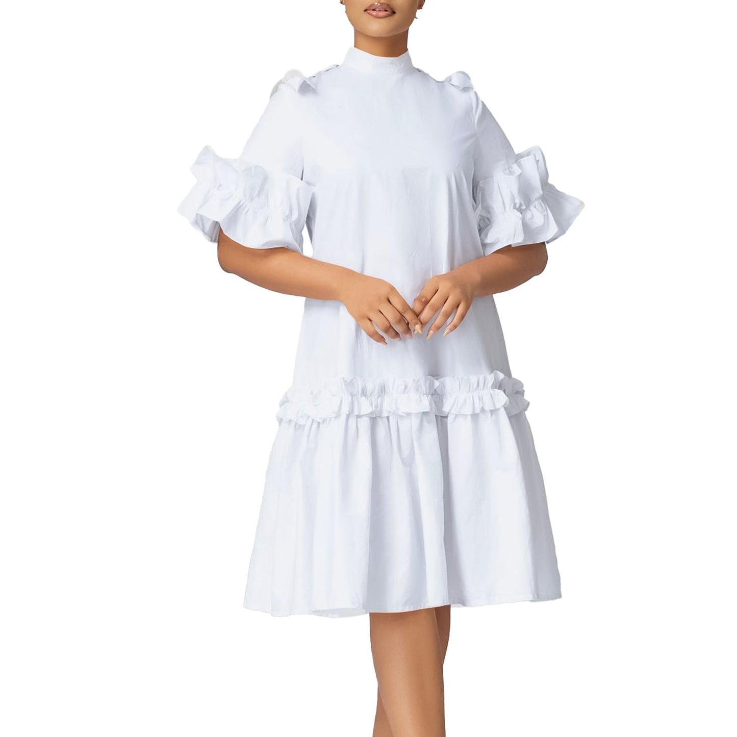 Damen Midikleid Voluminöse Rüschenärmel Stehkragen Elegant