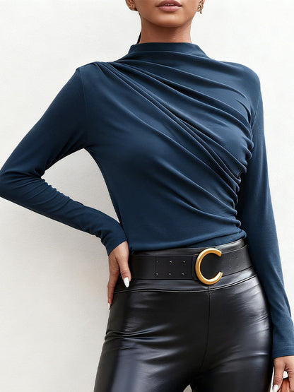 Damen Langarmshirt Stehkragen -Drapierung Elegantes Design Eveloria