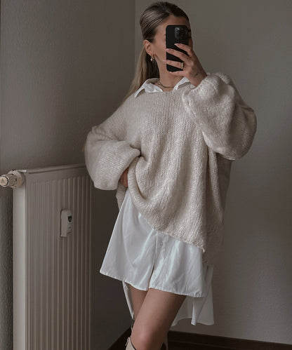 Damen Oversized Pullover Weich Voluminöse Ärmel Beige Eveloria