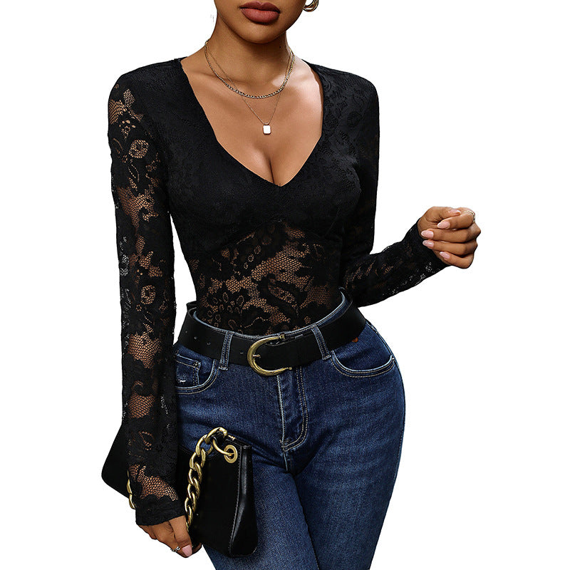 Damen Body Spitzenmuster V-Ausschnitt Eveloria