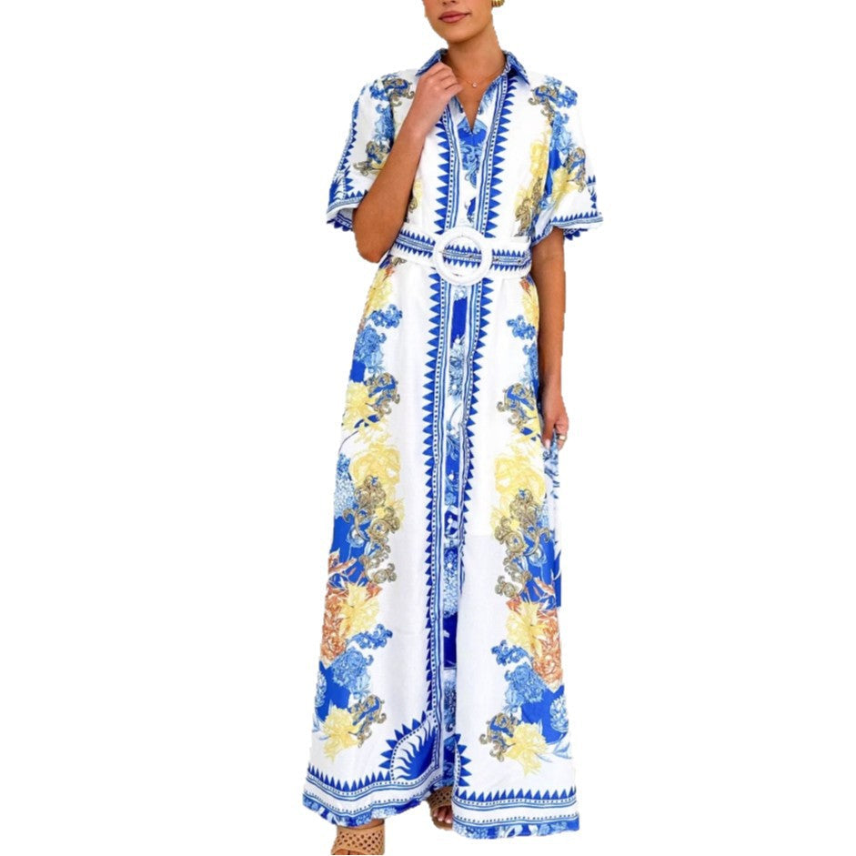Damen Maxikleid Floralmuster Taillengürtel