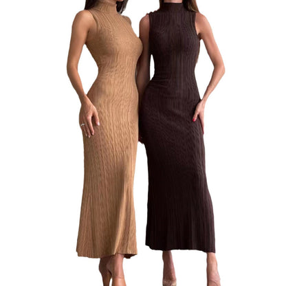 Damen Maxikleid Figurbetont Rippmuster Hochkragen Eveloria