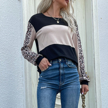 Damen Sweatshirt Gestreift Leopardenärmel Moderner Schnitt