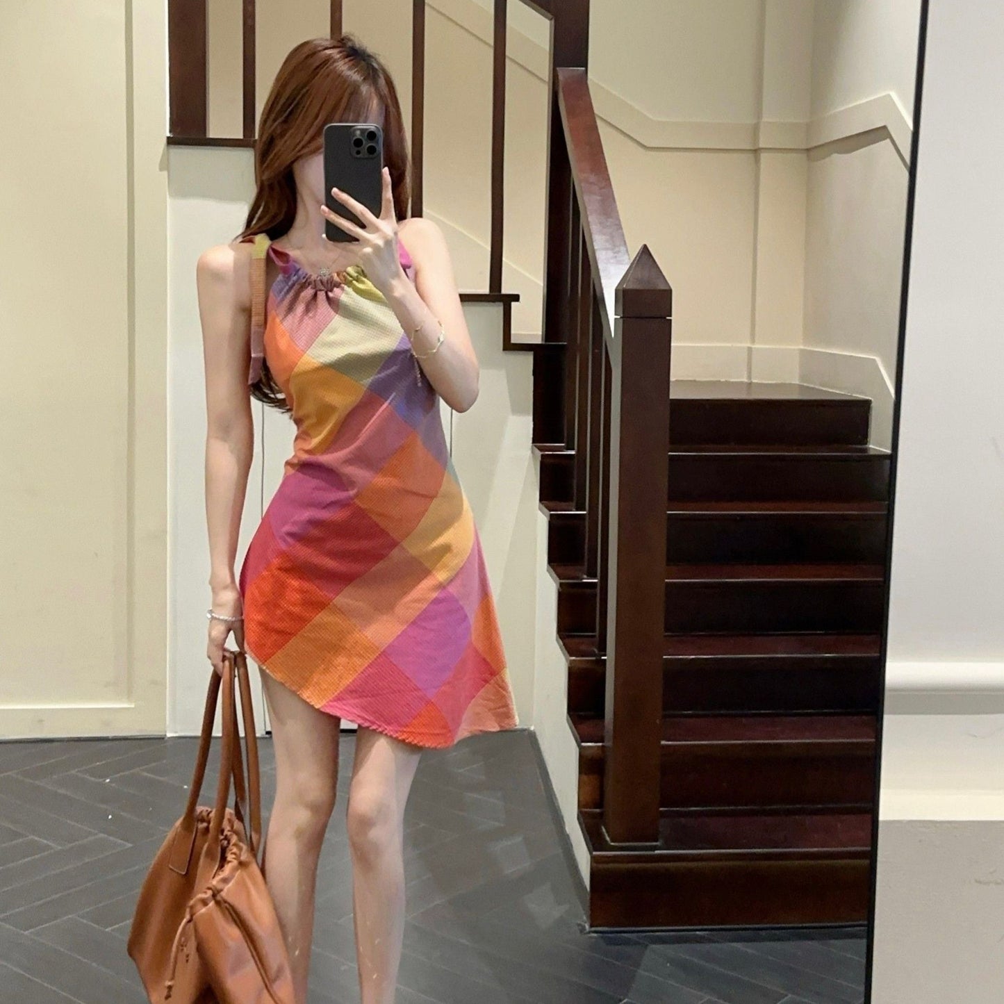 Damen Kurzarmkleid Karomuster Elastisch