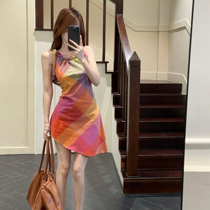 Damen Kurzarmkleid Karomuster Elastisch