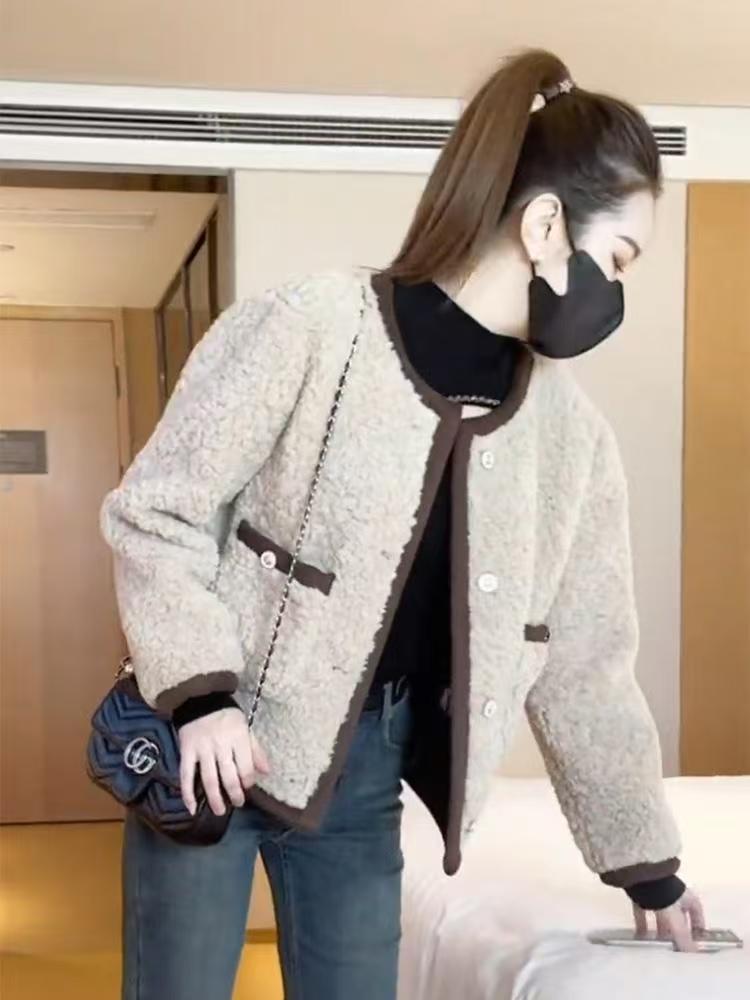 Damen Teddyjacke Kuschelig Knöpfe Beige