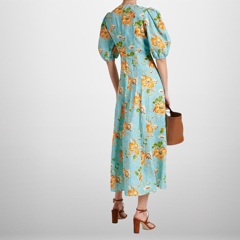 Damen Midikleid Voluminöse Puffärmel Florales Muster Eveloria