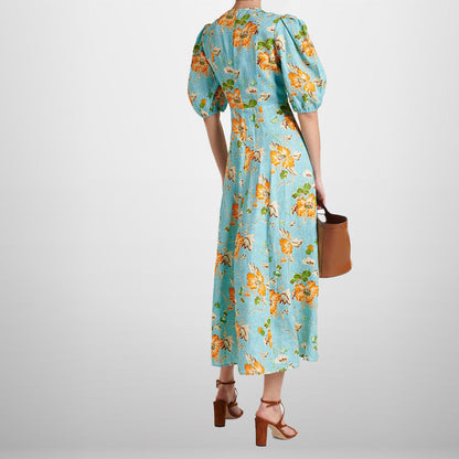 Damen Midikleid Voluminöse Puffärmel Florales Muster Eveloria